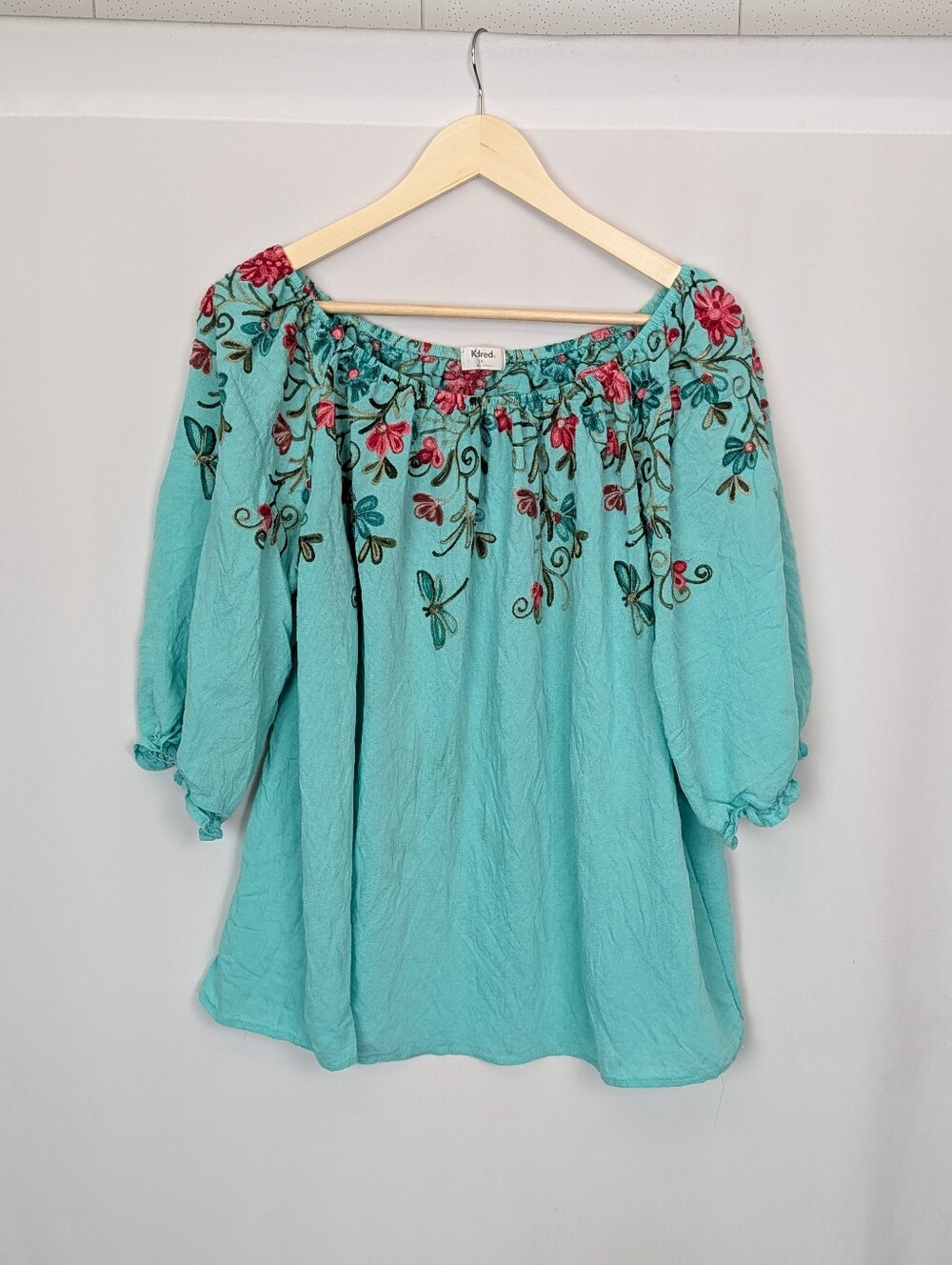 Kindred 3X Aqua Embroidered Floral Peasant Blouse